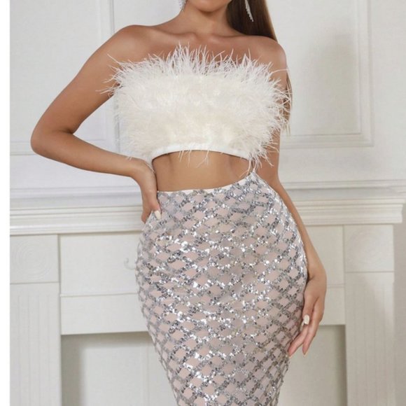 Cream fuzzy Feather Trim Crop Tube Top & Sexy silver Sequin sheer Pencil Skirt - Picture 2 of 10